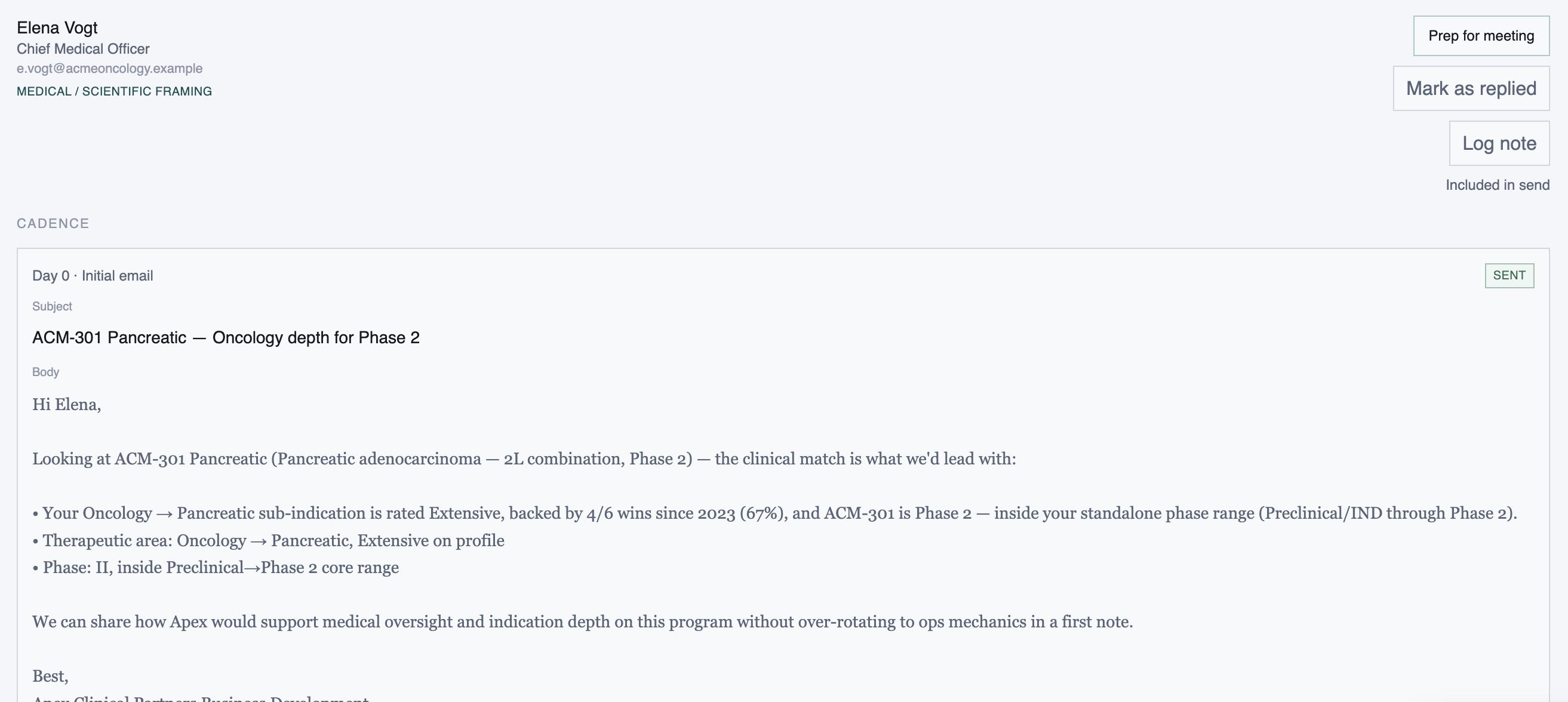 Day 0 draft for Elena Vogt, Chief Medical Officer, Medical and Scientific framing